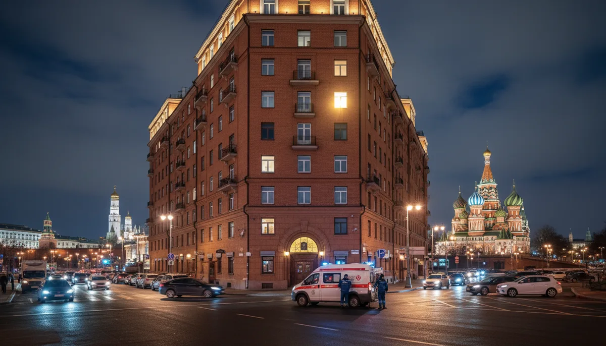 Ночной городской пейзаж Москвы, свет в окне жилого дома, медицинский автомобиль у подъезда