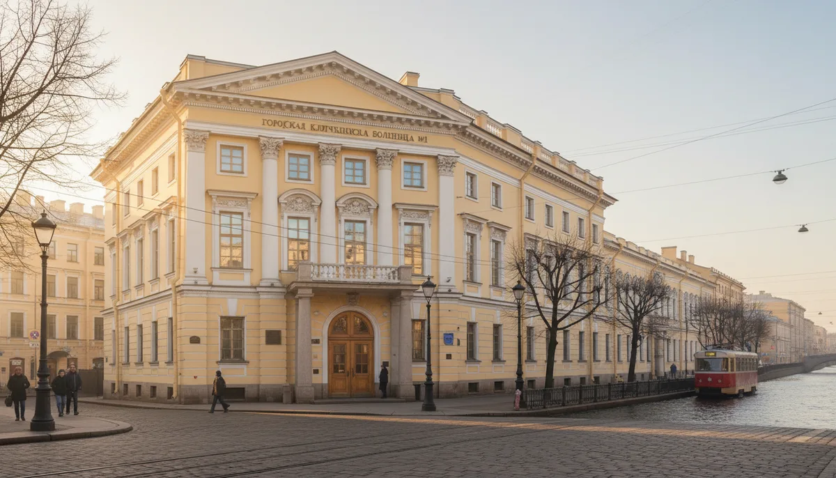 Городской пейзаж Санкт-Петербурга, фасад медицинского здания, утренний свет, спокойная улица