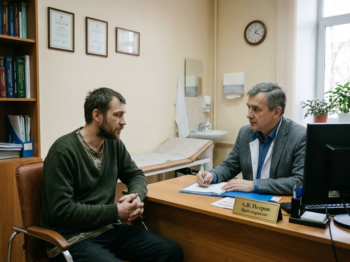 Врач-нарколог проводит осмотр пациента с алкогольной зависимостью в клиническом кабинете